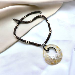 Boho Necklace Mother of Pearl Mosaic Open Circle Pendant Brown Wood Bead Chain